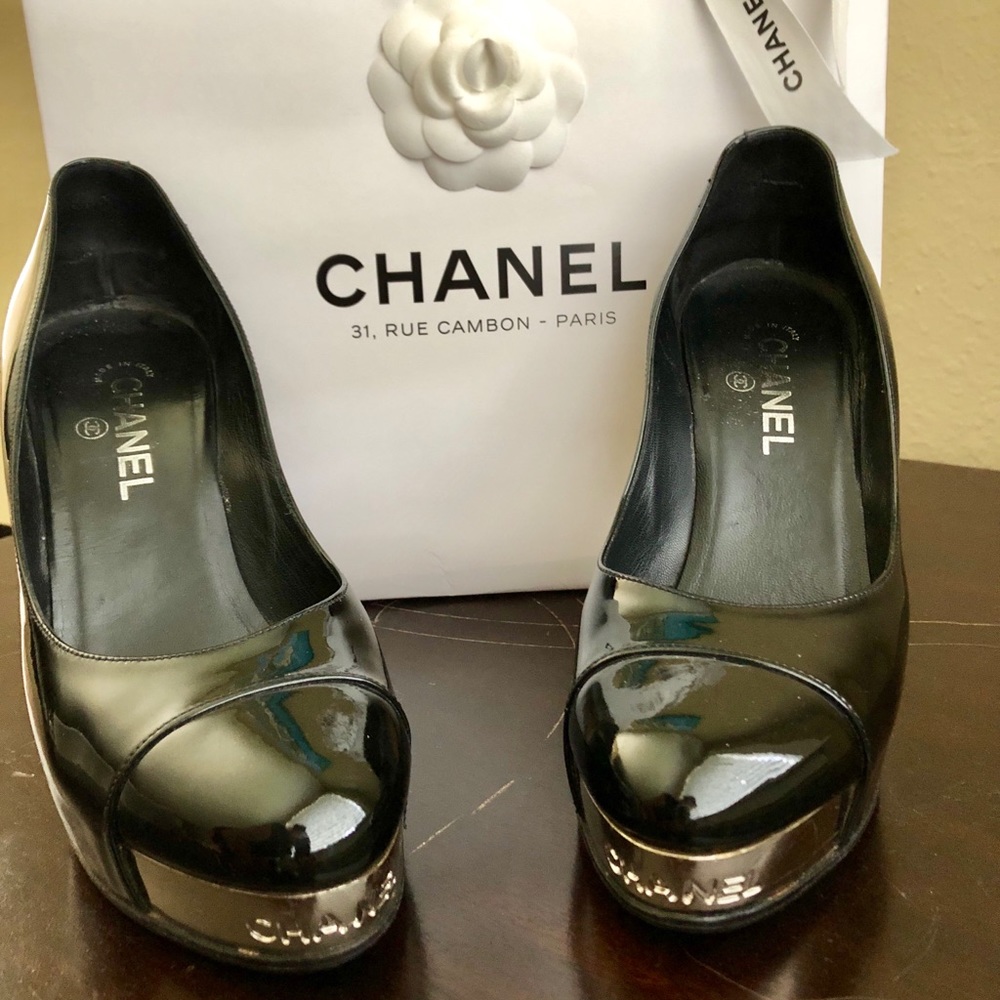 Chanel Platform Pumps Silver Nameplate